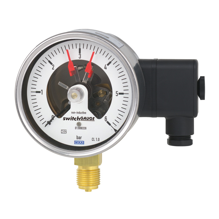 Bourdon tube pressure gauge with switch contacts Stainless steel case, NS 100 and 160