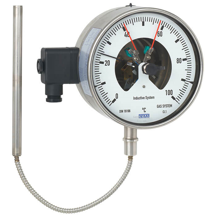 Gas-actuated thermometer with switch contacts Stainless steel version